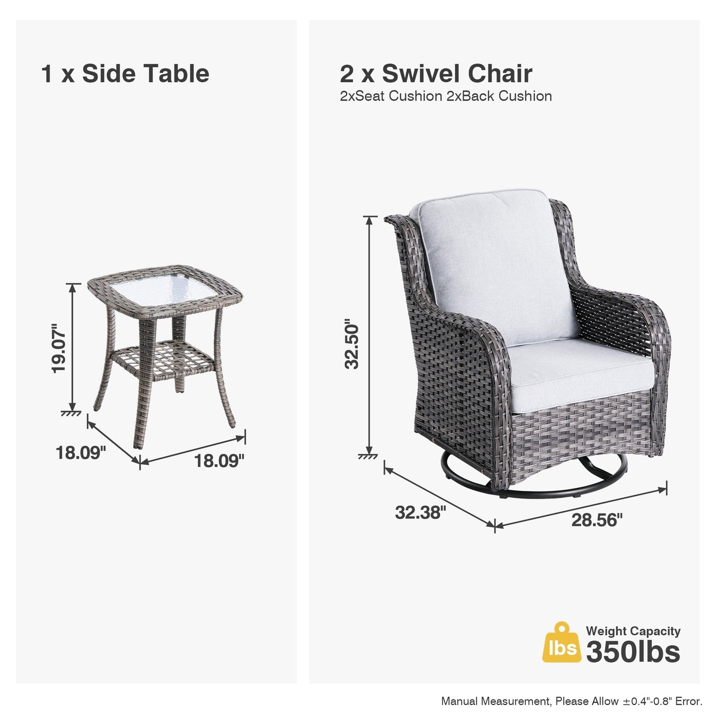 Ensemble de 3 chaises pivotantes en osier pour patio OVIOS