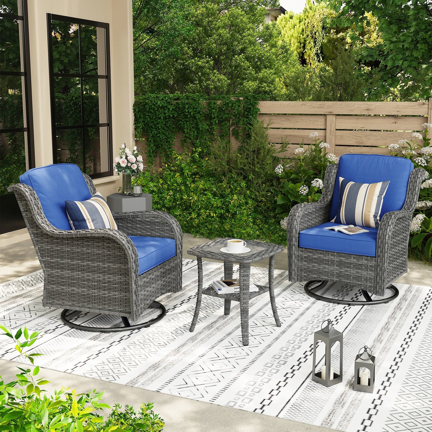 Ensemble de 3 chaises pivotantes en osier pour patio OVIOS