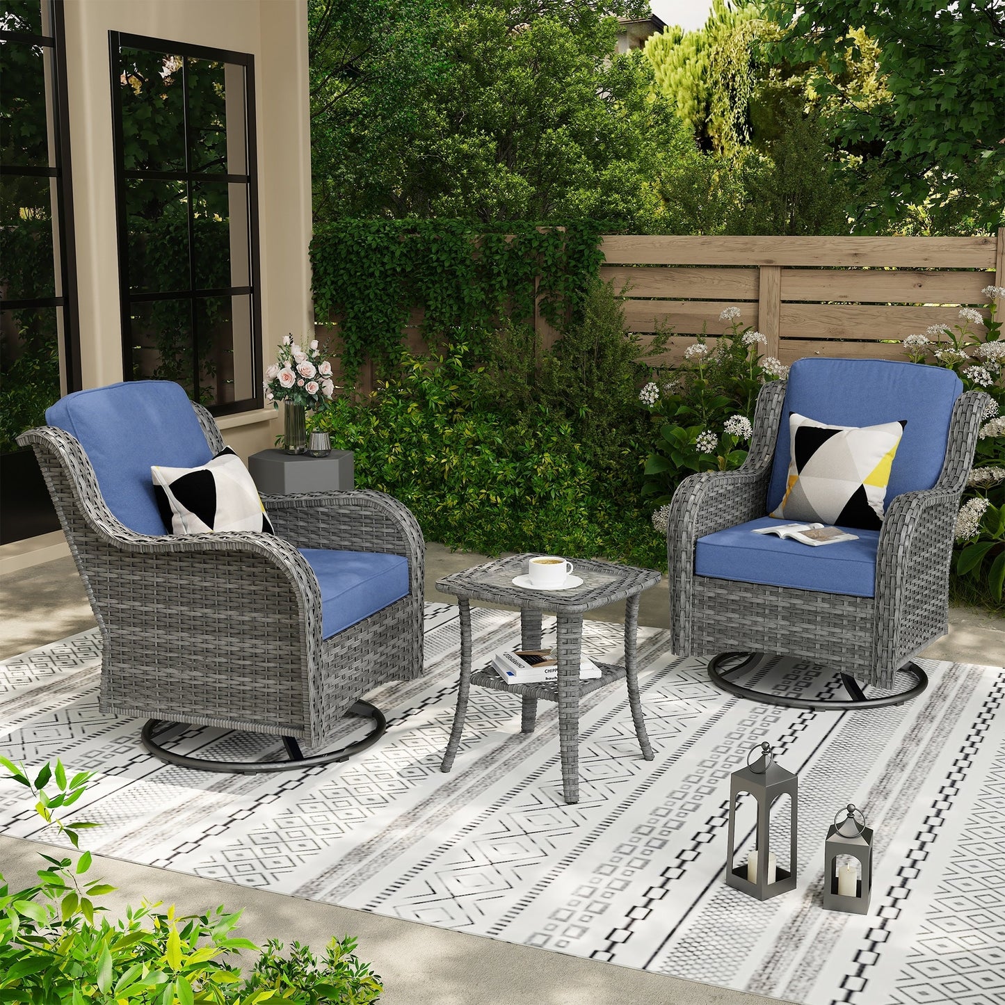 Ensemble de 3 chaises pivotantes en osier pour patio OVIOS