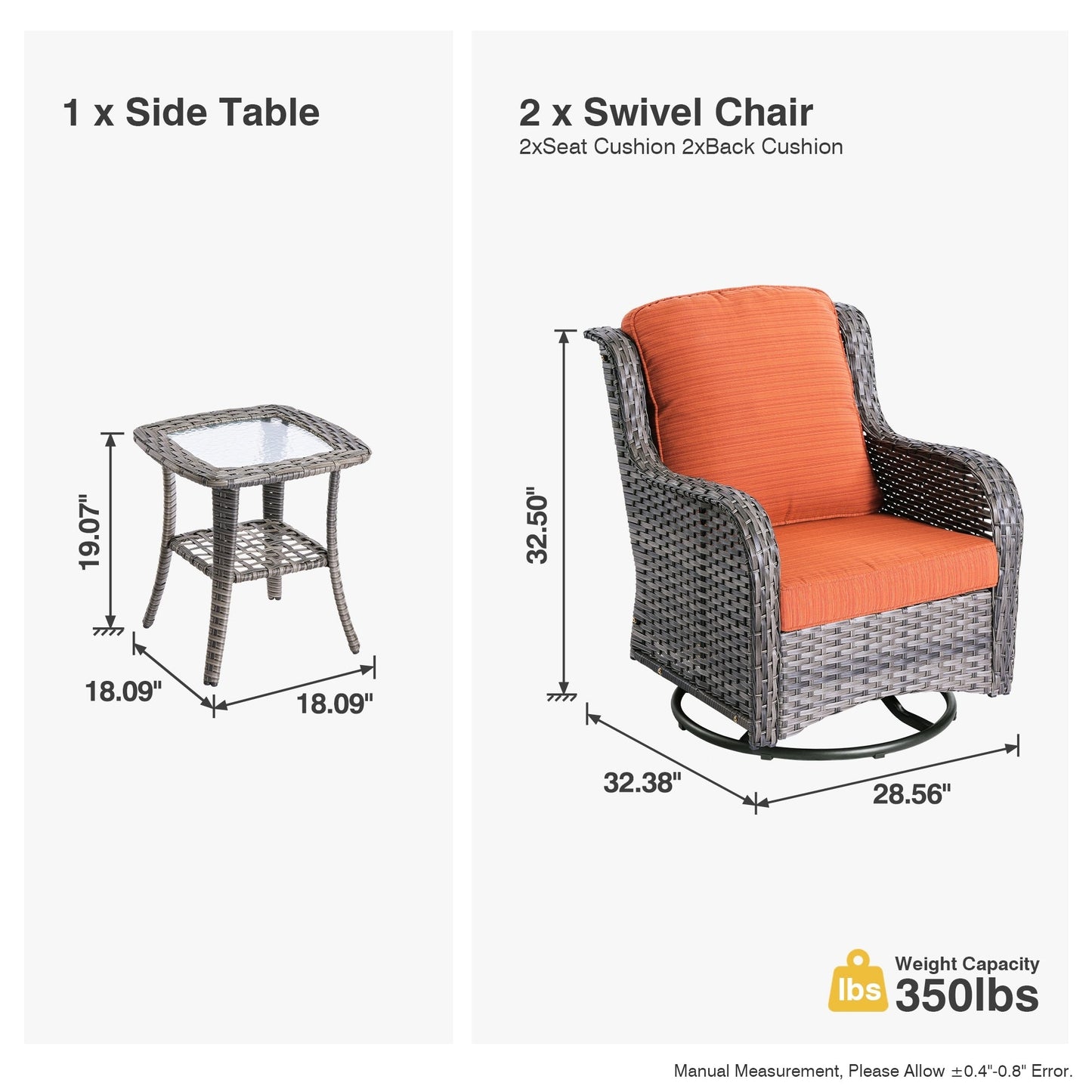 Ensemble de 3 chaises pivotantes en osier pour patio OVIOS