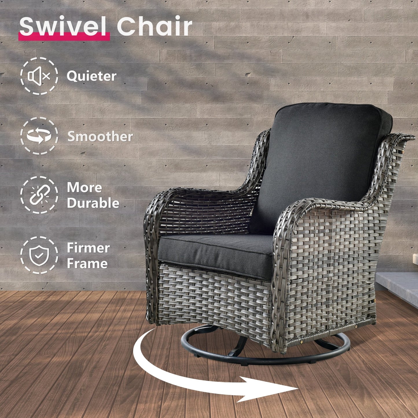 Ensemble de 3 chaises pivotantes en osier pour patio OVIOS