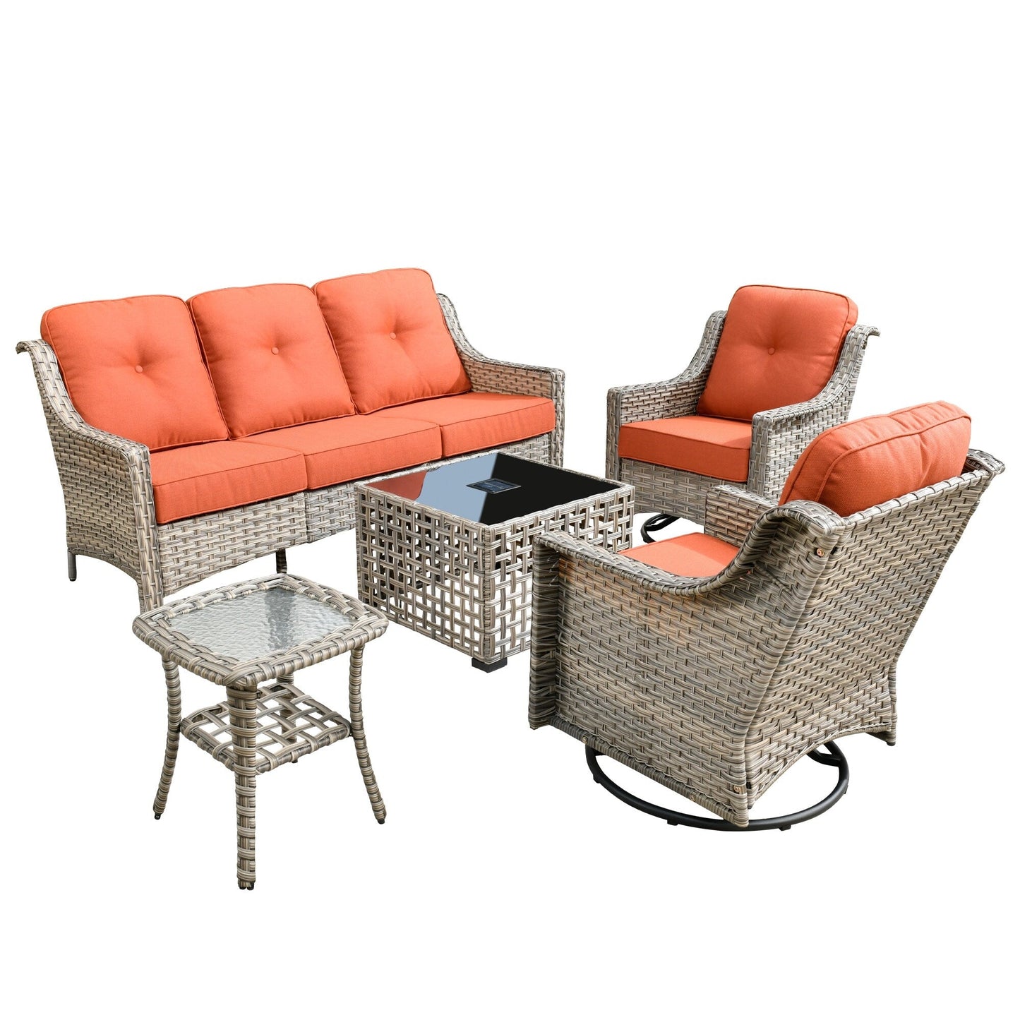 Ensemble de 5 chaises pivotantes d'extérieur en osier OVIOS avec table à énergie solaire