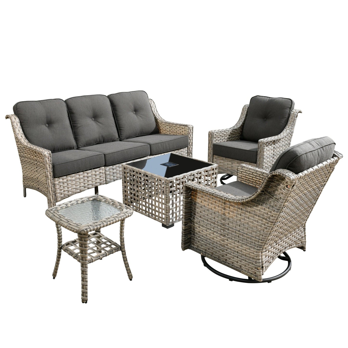 Ensemble de 5 chaises pivotantes d'extérieur en osier OVIOS avec table à énergie solaire