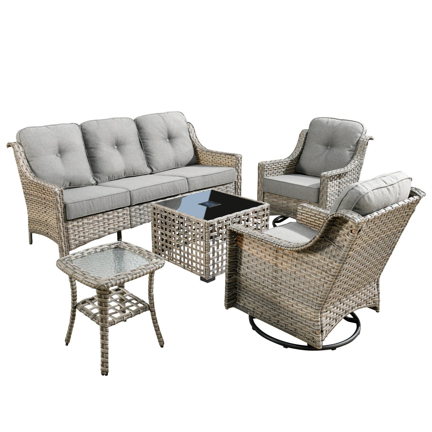 Ensemble de 5 chaises pivotantes d'extérieur en osier OVIOS avec table à énergie solaire