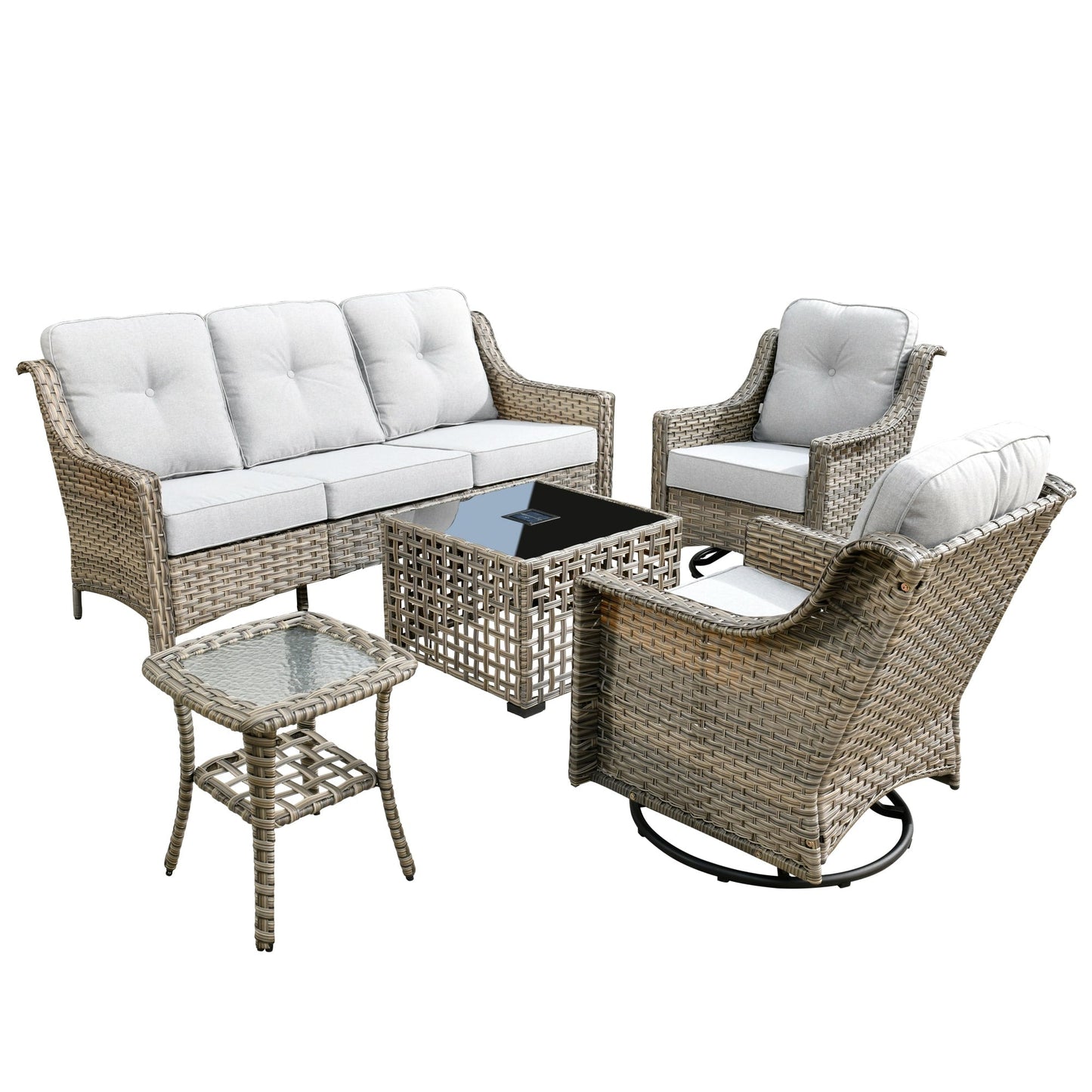 Ensemble de 5 chaises pivotantes d'extérieur en osier OVIOS avec table à énergie solaire