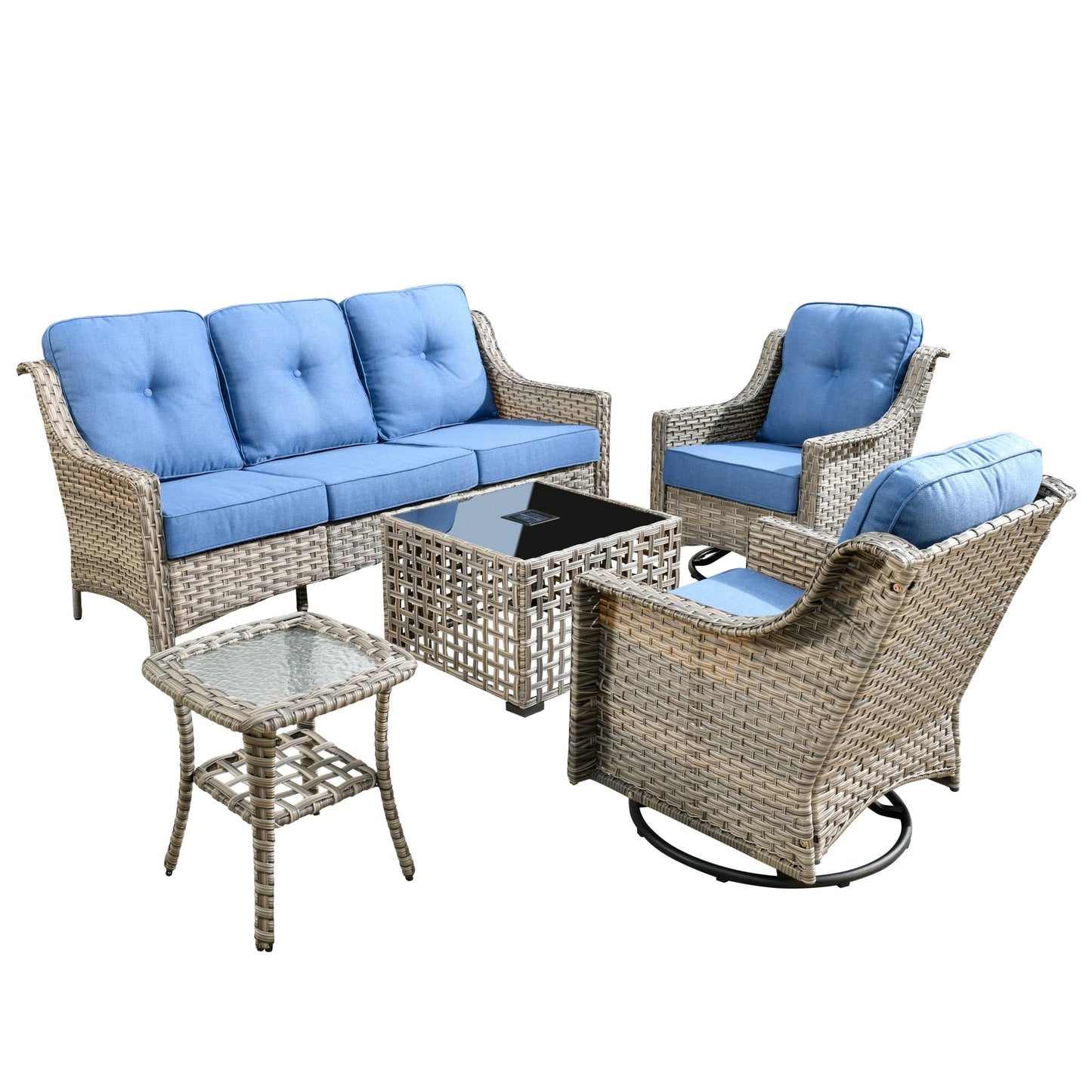 Ensemble de 5 chaises pivotantes d'extérieur en osier OVIOS avec table à énergie solaire