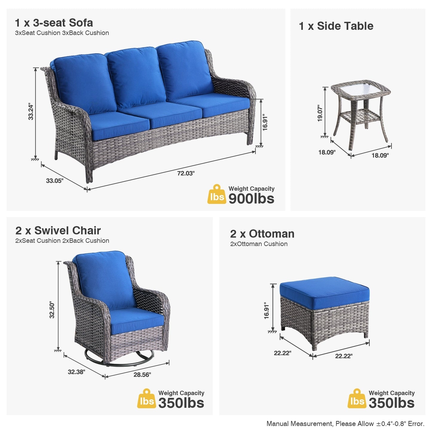 Ensemble de conversation en osier OVIOS 6 pièces avec chaises pivotantes