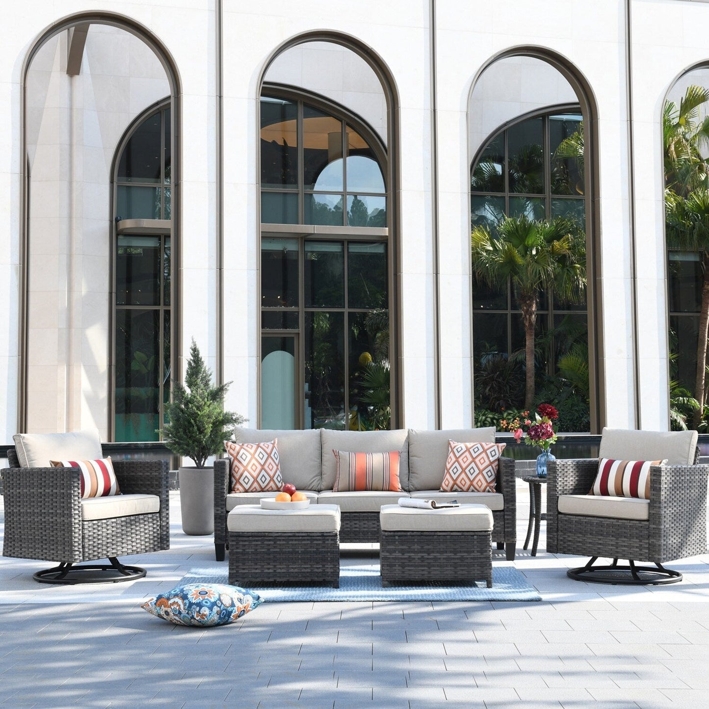 Ensemble de canapés de patio OVIOS 6 pièces en osier avec chaises berçantes pivotantes