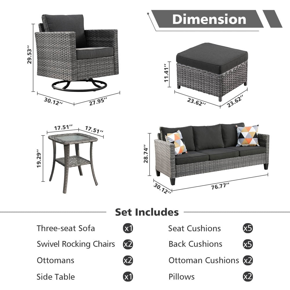 Ensemble de canapés de patio OVIOS 6 pièces en osier avec chaises berçantes pivotantes