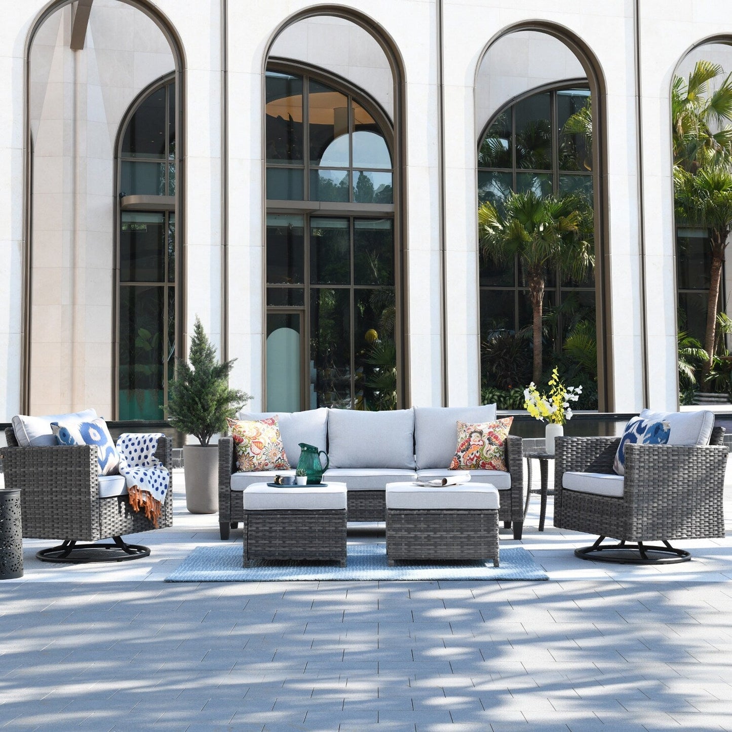 Ensemble de canapés de patio OVIOS 6 pièces en osier avec chaises berçantes pivotantes