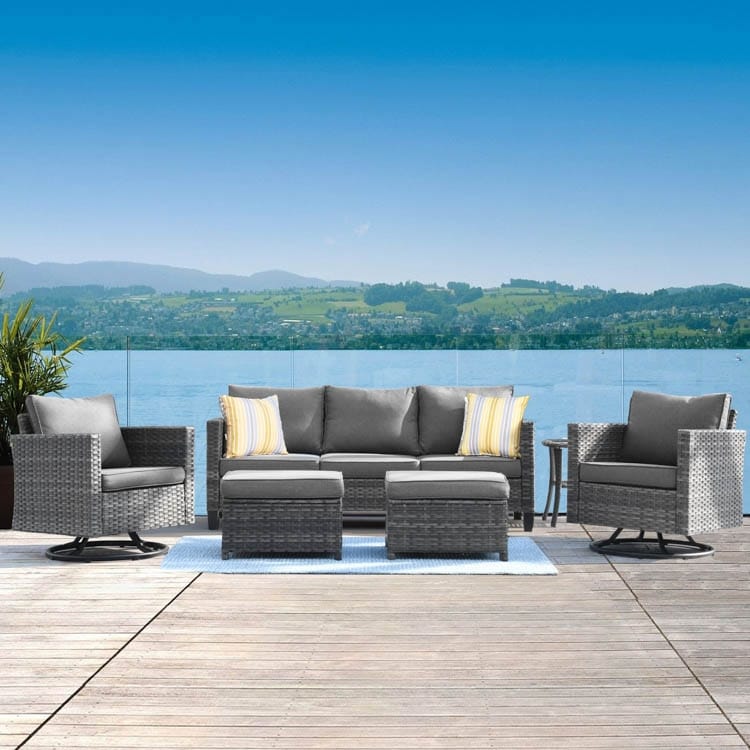 Ensemble de canapés de patio OVIOS 6 pièces en osier avec chaises berçantes pivotantes