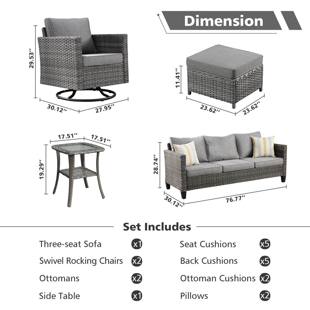 Ensemble de canapés de patio OVIOS 6 pièces en osier avec chaises berçantes pivotantes