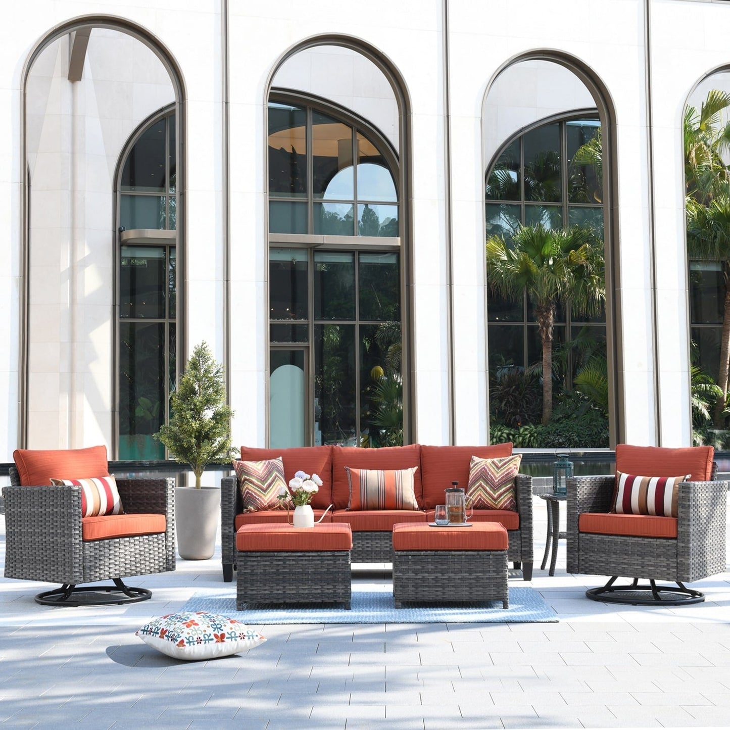 Ensemble de canapés de patio OVIOS 6 pièces en osier avec chaises berçantes pivotantes