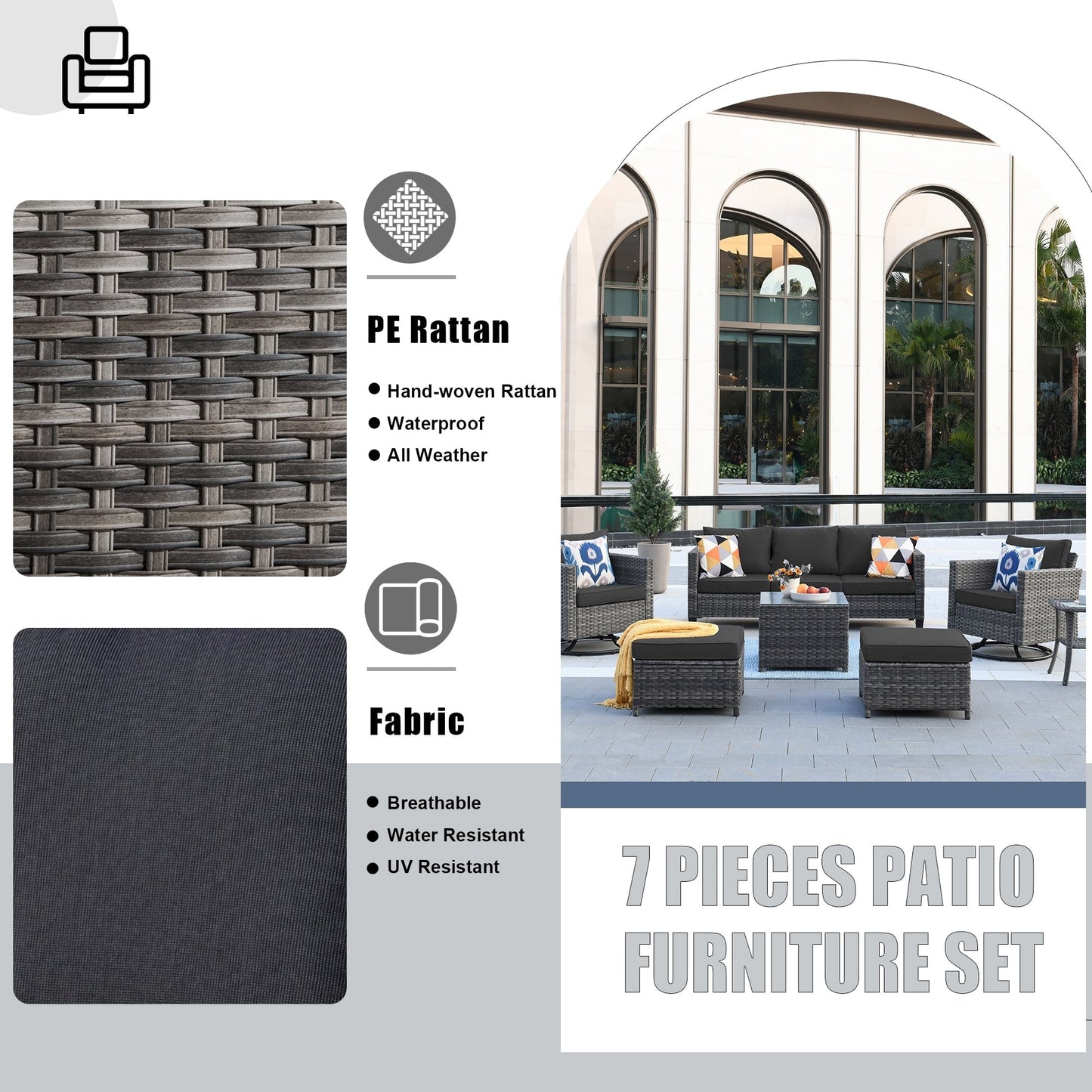 Ensemble de meubles de patio OVIOS 7 pièces en osier avec chaises pivotantes à bascule