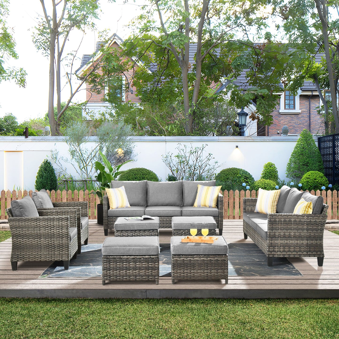 Ensemble de meubles de jardin sectionnels à dossier haut en osier OVIOS 8 pièces