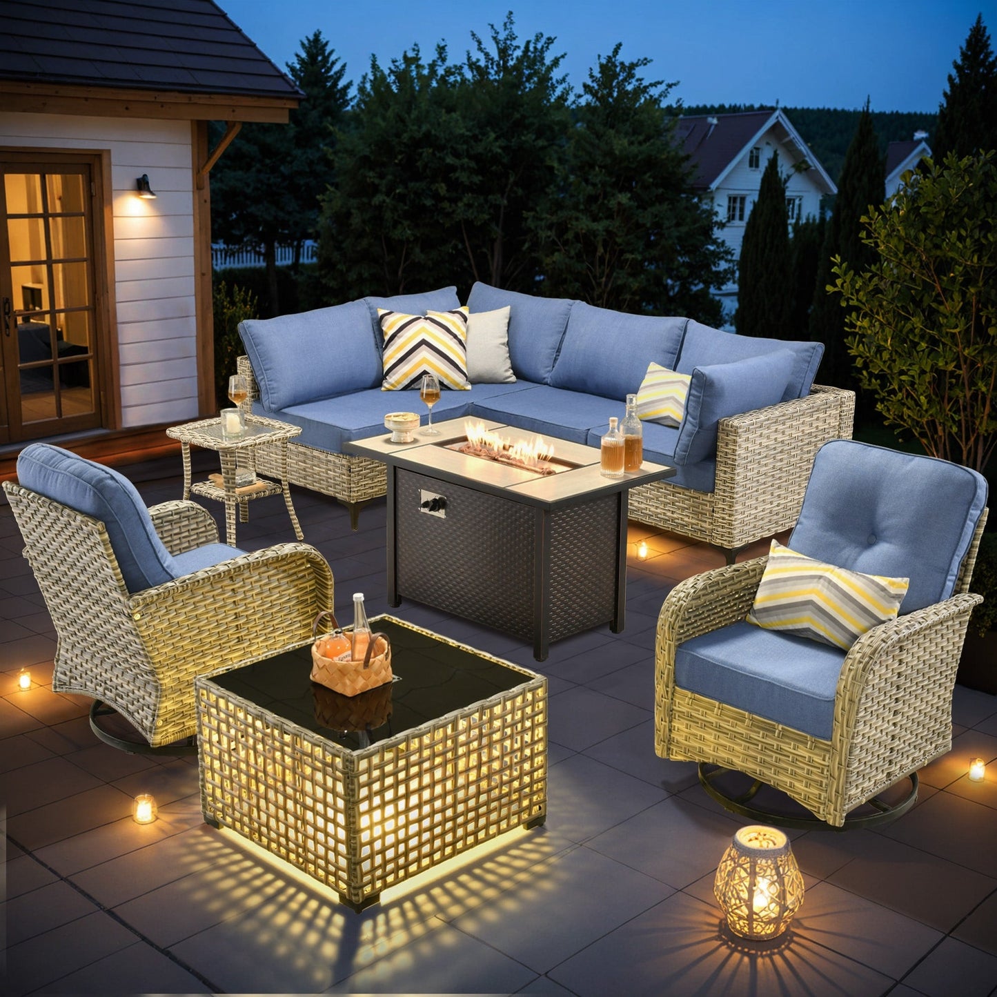 Ensemble de 9 chaises pivotantes d'extérieur en osier OVIOS avec table à feu