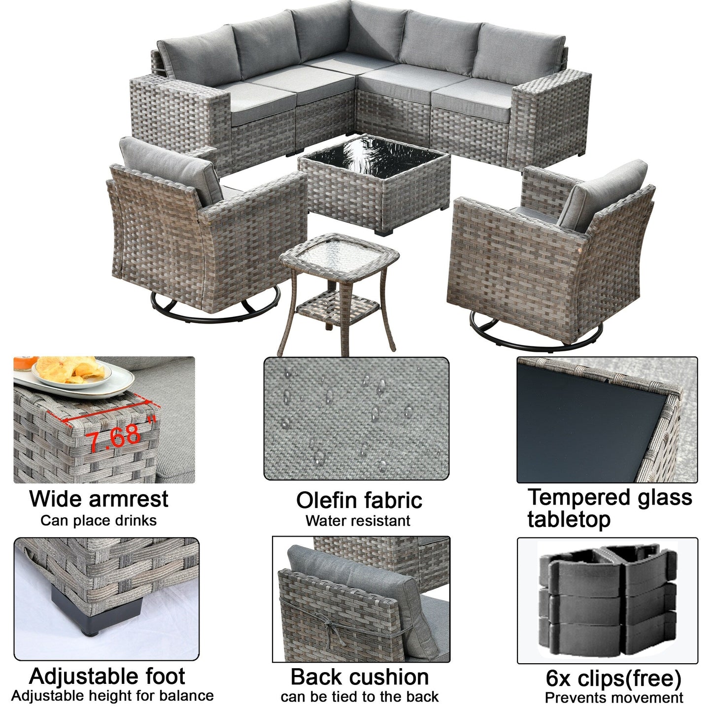 Ensemble de 9 chaises pivotantes à bascule en osier pour patio OVIOS avec tables à plateau en verre