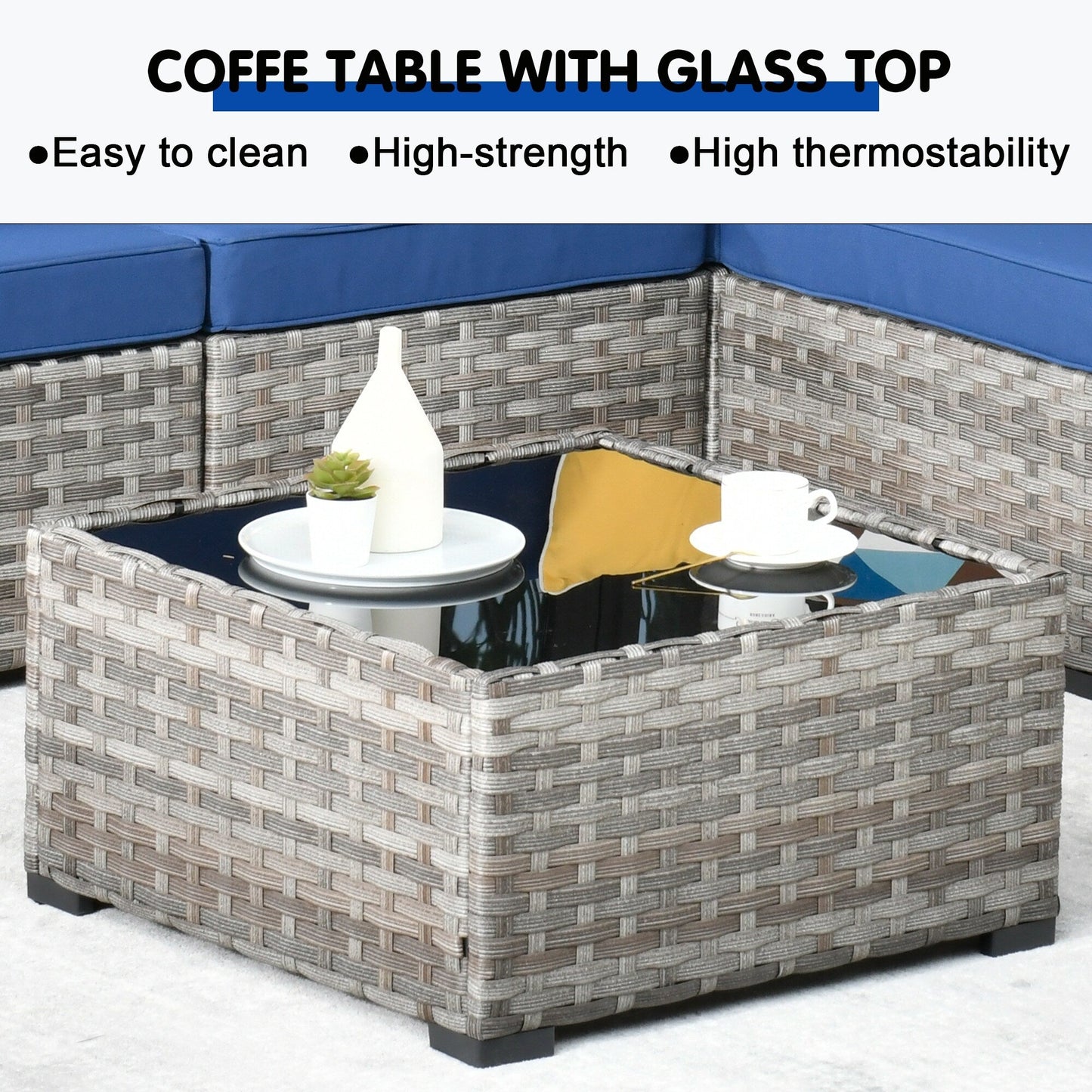 Ensemble de 9 chaises pivotantes à bascule en osier pour patio OVIOS avec tables à plateau en verre