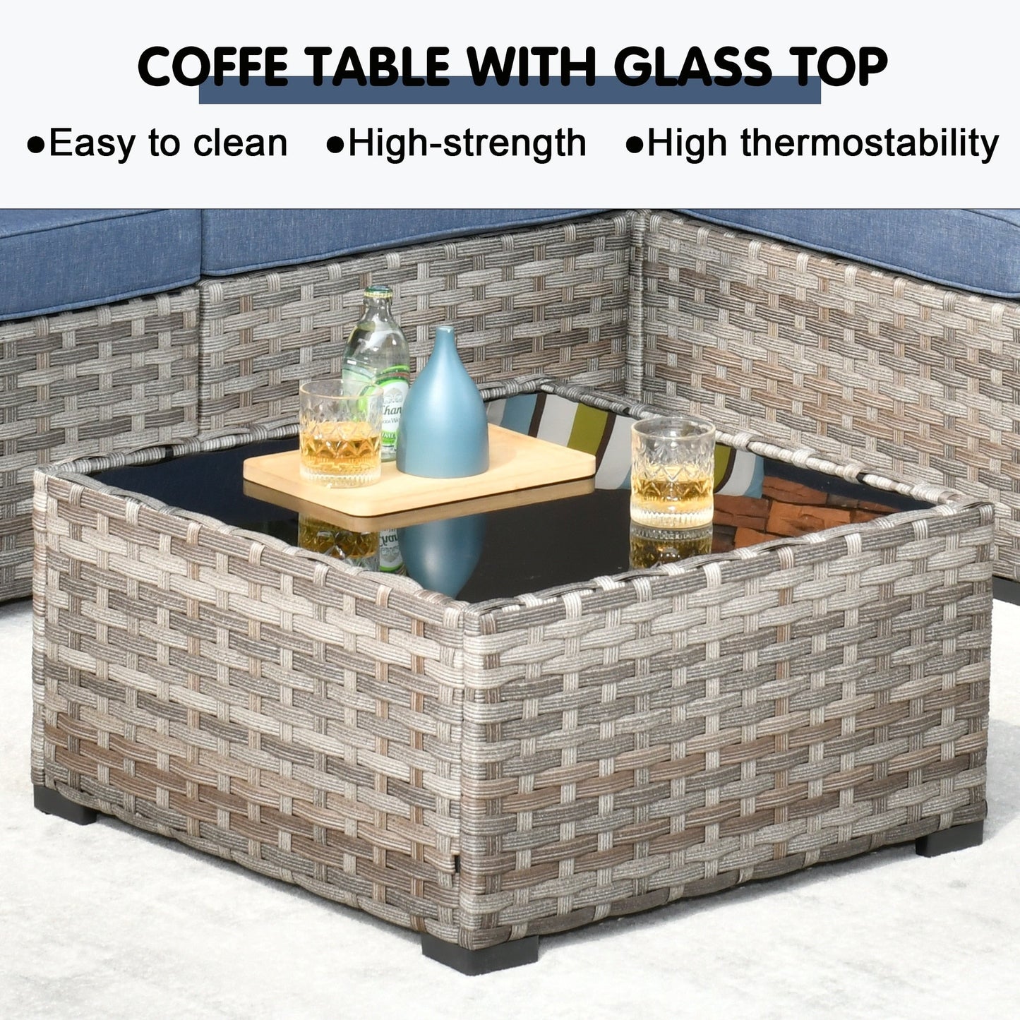 Ensemble de 9 chaises pivotantes à bascule en osier pour patio OVIOS avec tables à plateau en verre