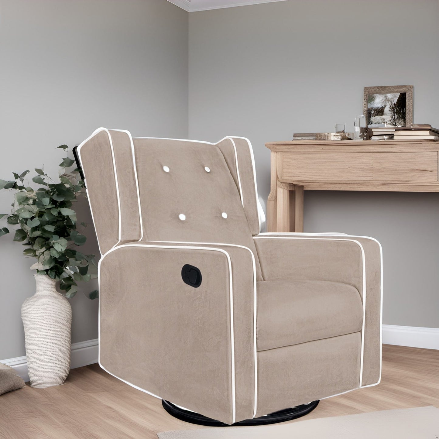 Fauteuil inclinable pivotant Octavia en microfibre et bois massif, pour salon et chambre à coucher