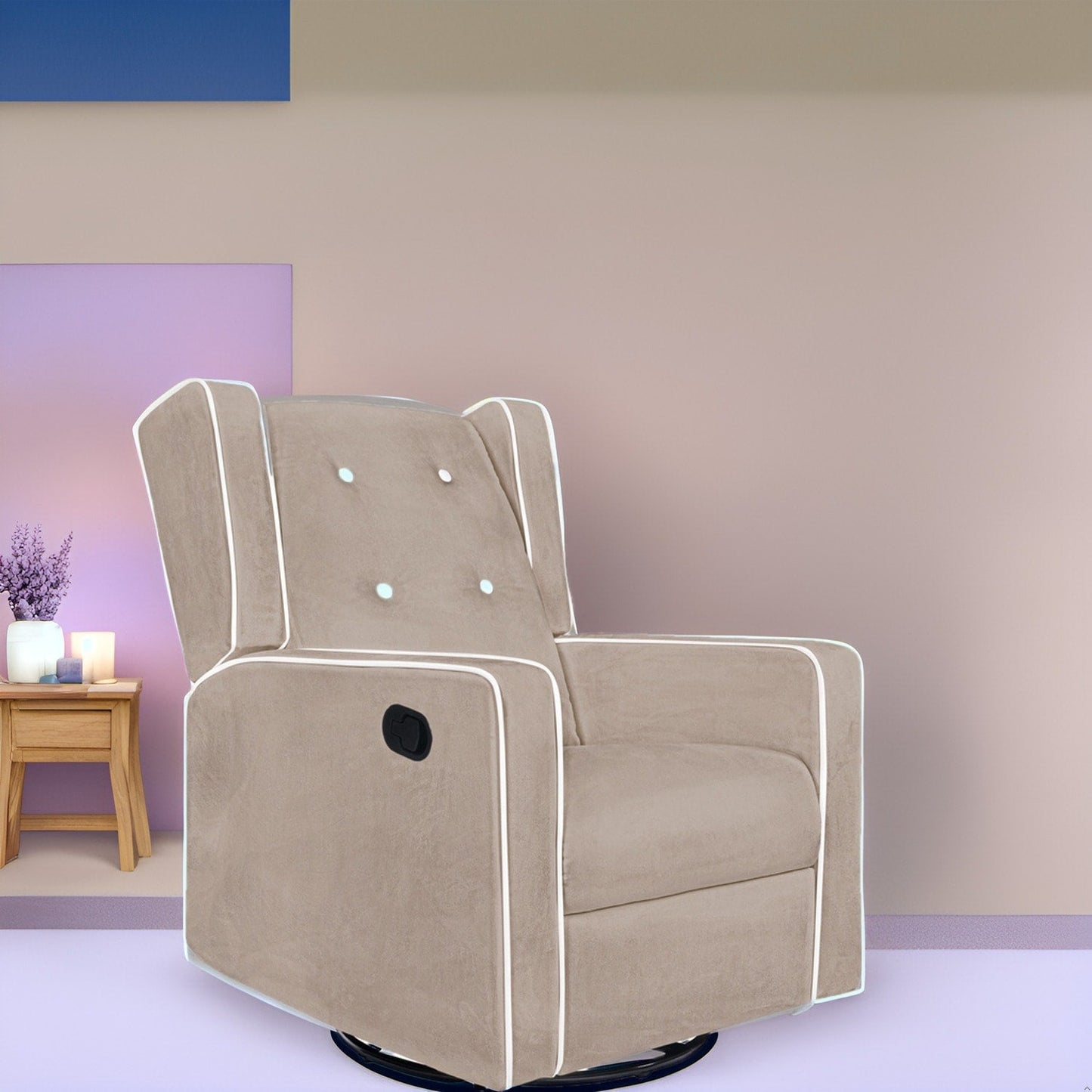 Fauteuil inclinable pivotant Octavia en microfibre et bois massif, pour salon et chambre à coucher
