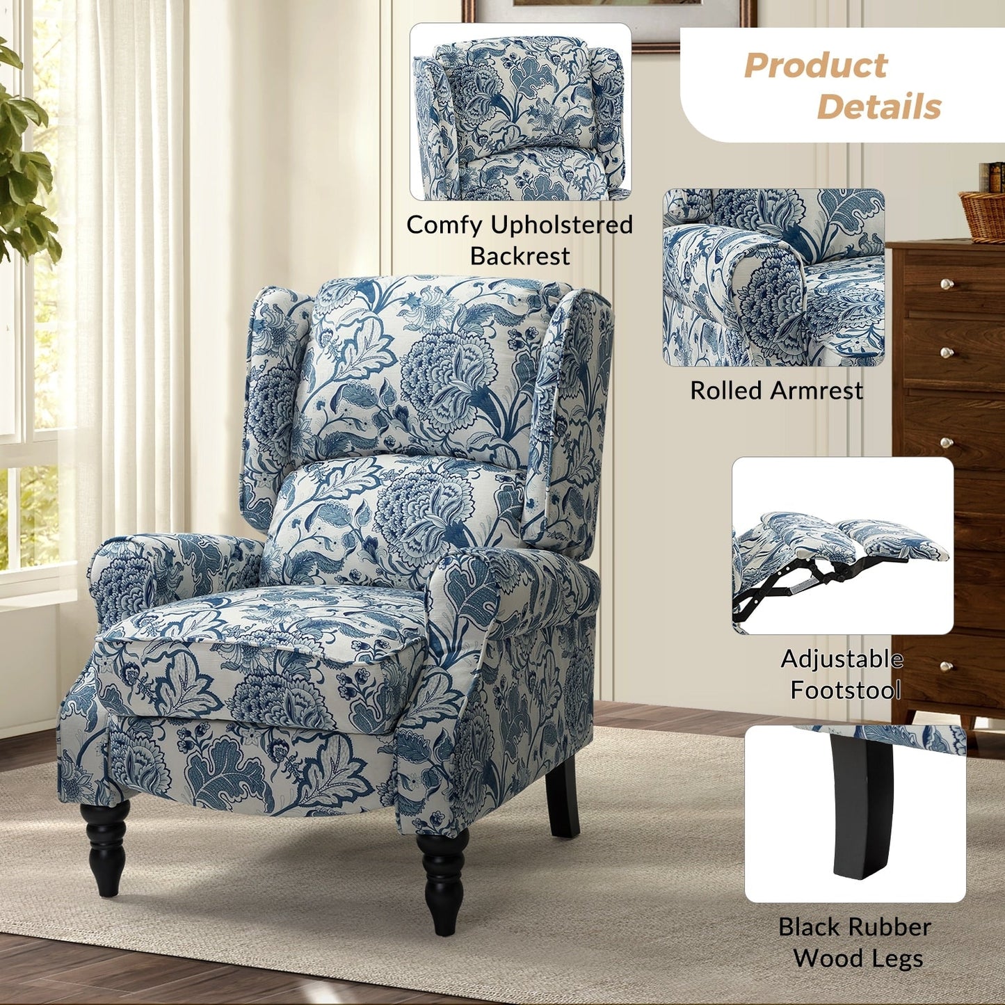 Fauteuil inclinable manuel classique rembourré Olympus avec pieds en bois massif, lot de 2 par HULALA HOME