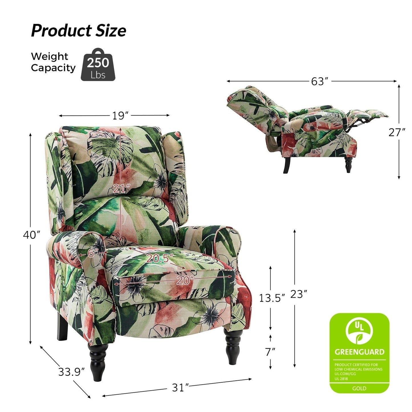 Fauteuil inclinable manuel classique rembourré Olympus avec pieds en bois massif, lot de 2 par HULALA HOME