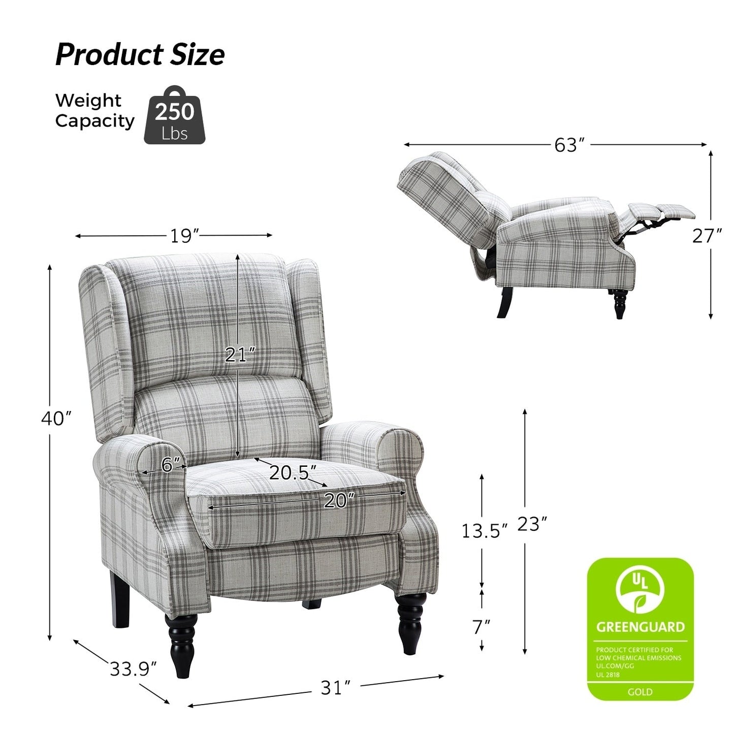 Fauteuil inclinable manuel classique rembourré Olympus avec pieds en bois massif, lot de 2 par HULALA HOME