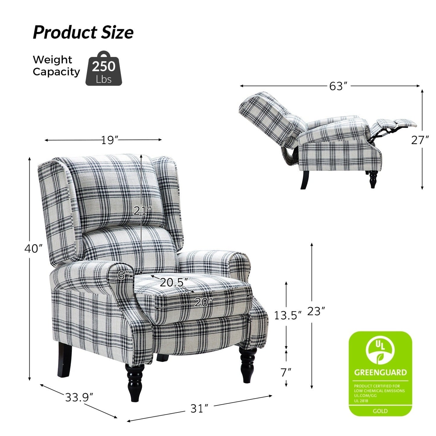 Fauteuil inclinable manuel classique rembourré Olympus avec pieds en bois massif par HULALA HOME