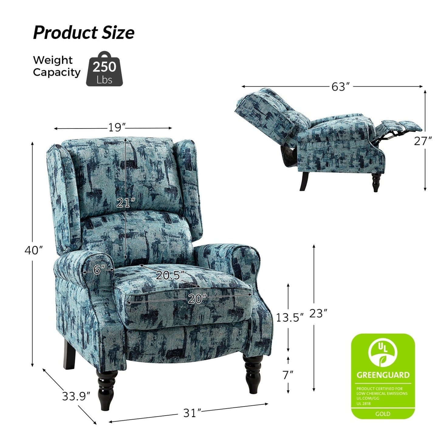 Fauteuil inclinable manuel classique rembourré Olympus avec pieds en bois massif par HULALA HOME