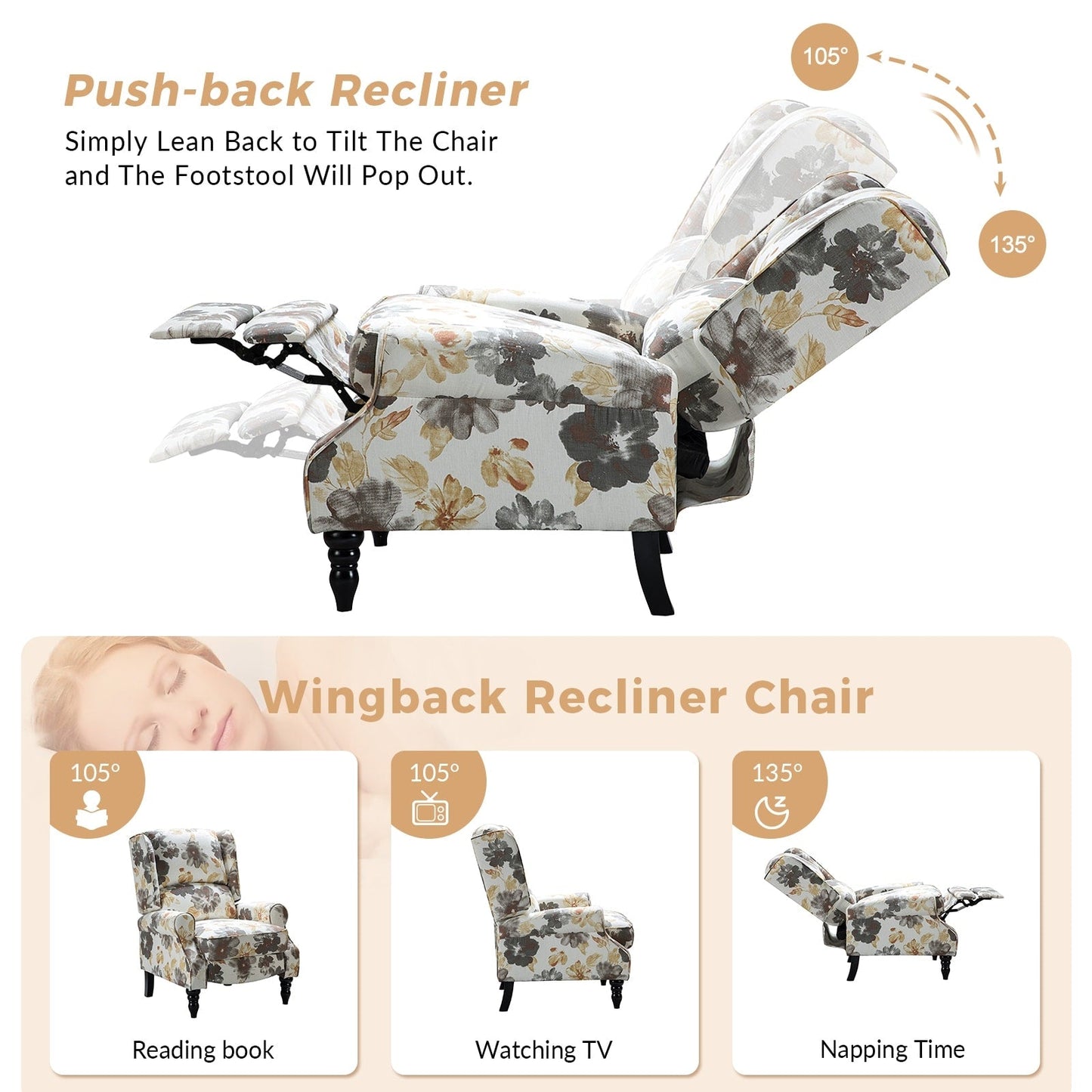 Fauteuil inclinable manuel classique rembourré Olympus avec pieds en bois massif par HULALA HOME
