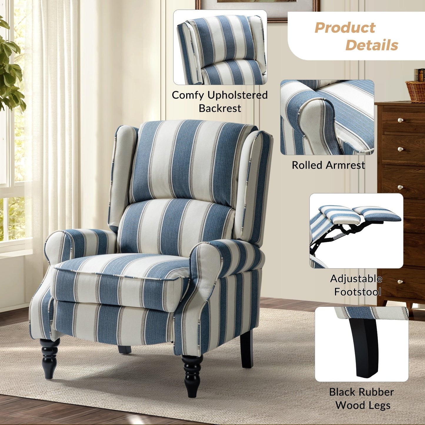 Fauteuil inclinable manuel classique rembourré Olympus avec pieds en bois massif par HULALA HOME