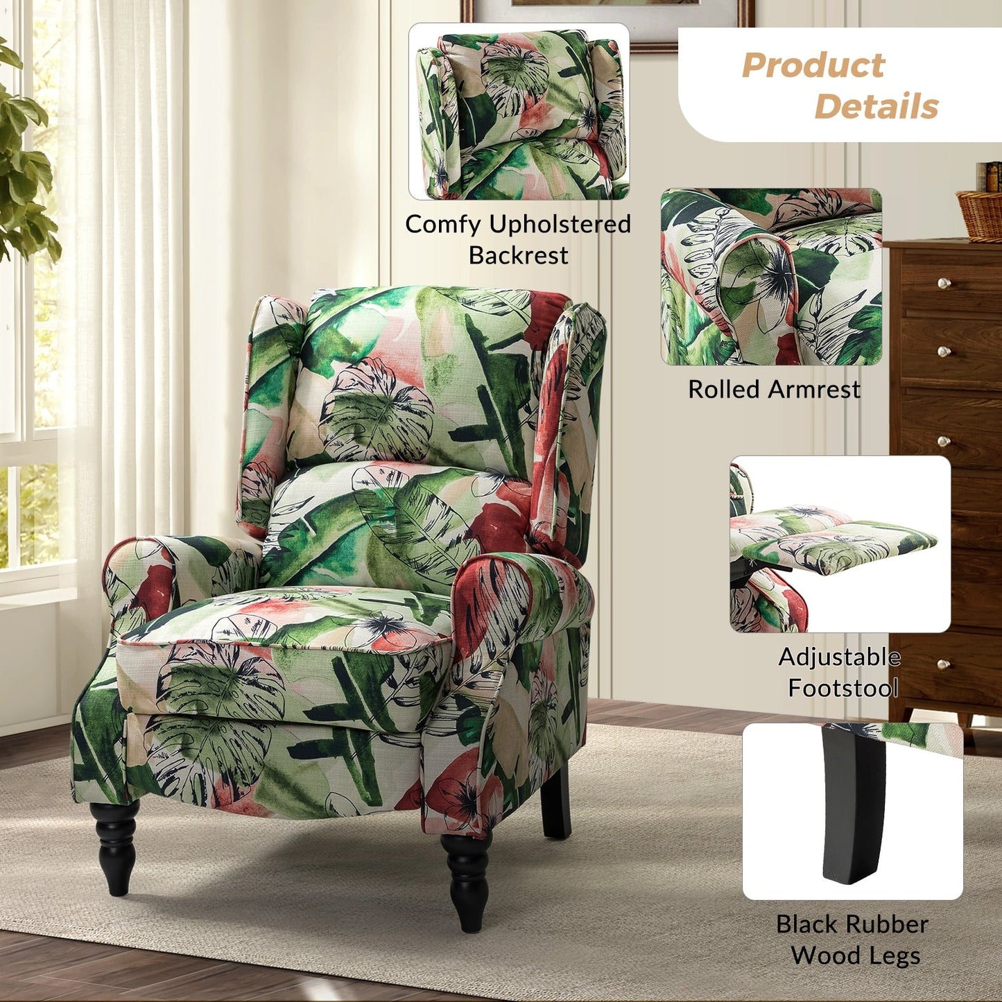 Fauteuil inclinable manuel classique rembourré Olympus avec pieds en bois massif par HULALA HOME
