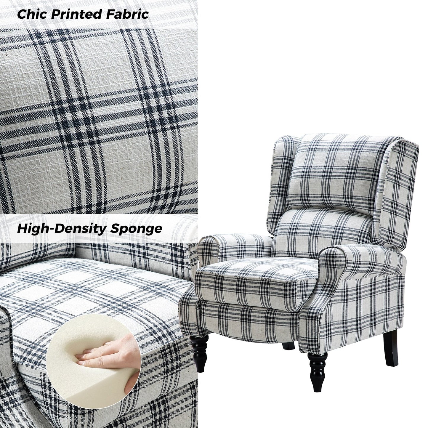 Fauteuil inclinable manuel classique rembourré Olympus avec pieds en bois massif par HULALA HOME