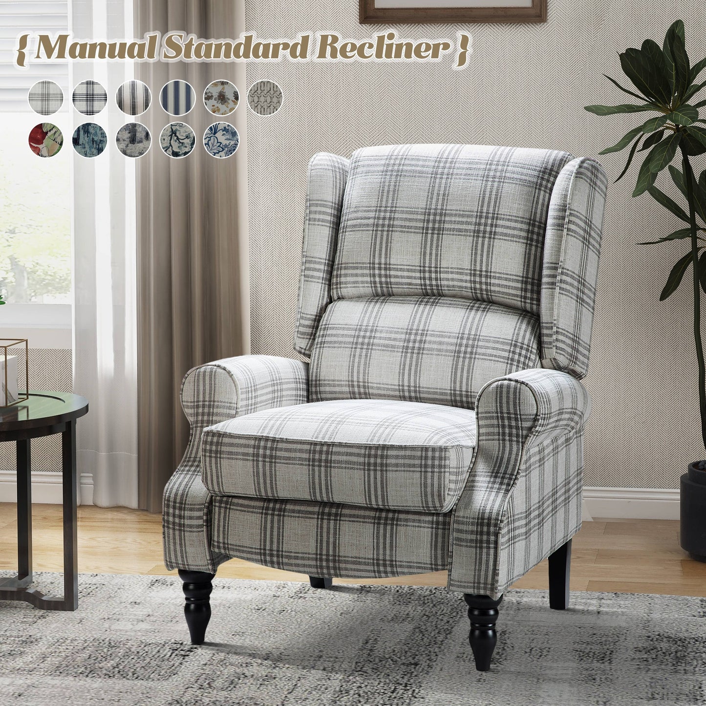 Fauteuil inclinable manuel classique rembourré Olympus avec pieds en bois massif par HULALA HOME