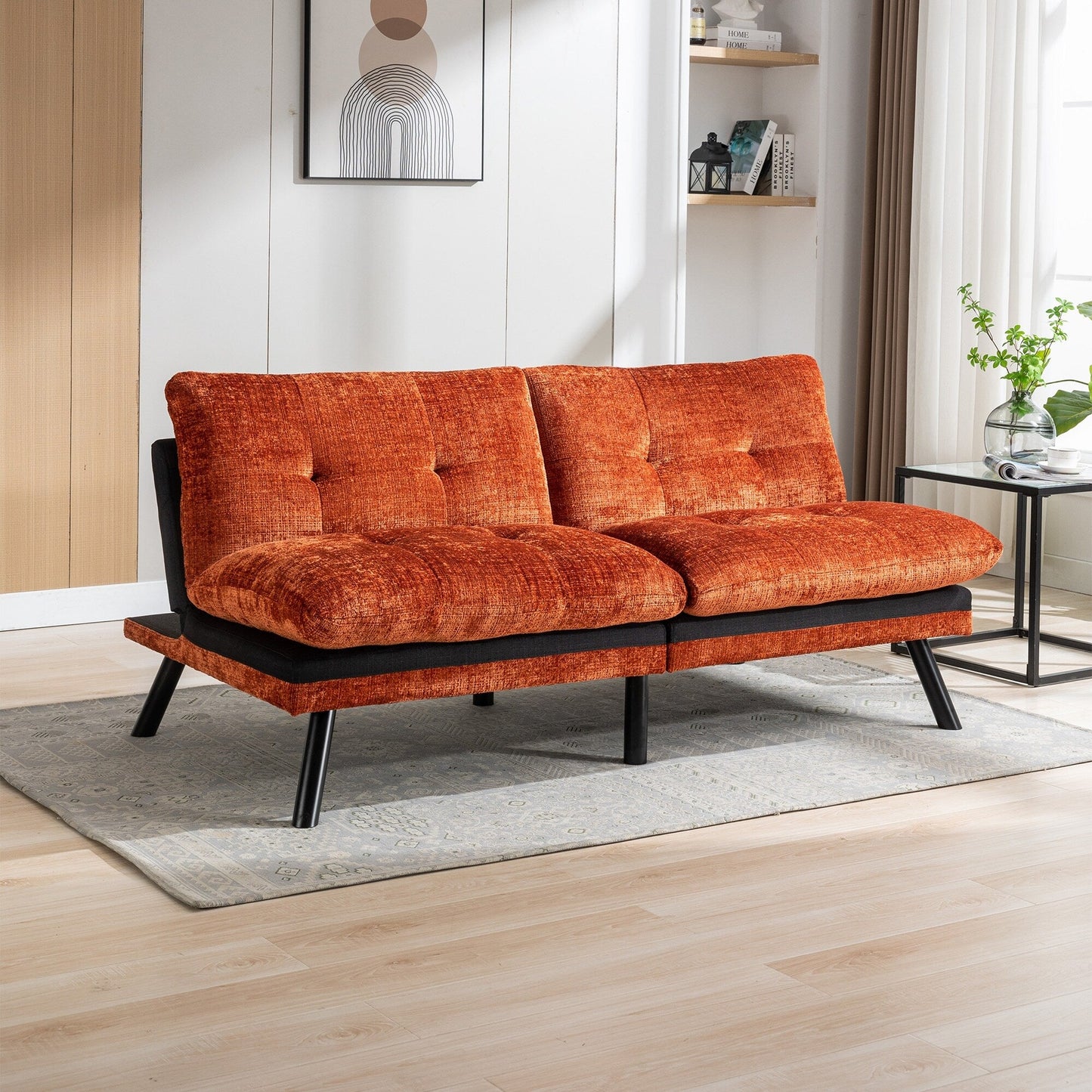 Canapé-lit convertible en chenille orange 75,6 avec pieds en métal pour salon