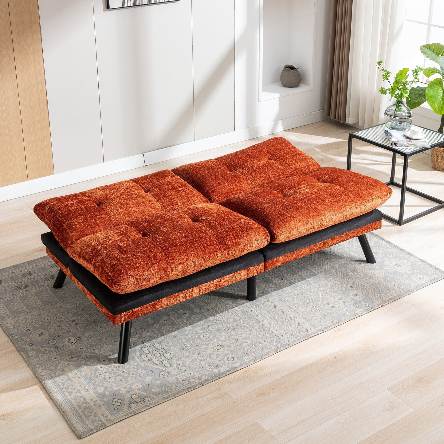 Canapé-lit convertible en chenille orange 75,6 avec pieds en métal pour salon