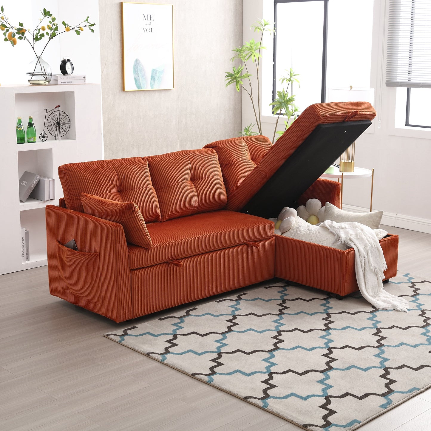 Canapé en tissu orange en forme de L de 206 cm : méridienne réversible, rangement, structure en bois massif et assise en mousse