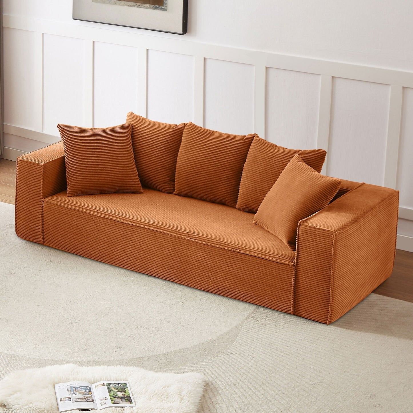 Canapé en velours côtelé orange de 89 pouces avec 5 coussins décoratifs et design élégant