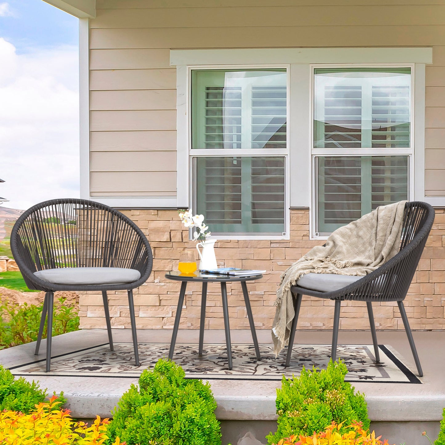 Ensemble de jardin bistro 3 pièces en corde tressée avec coussins, gris foncé