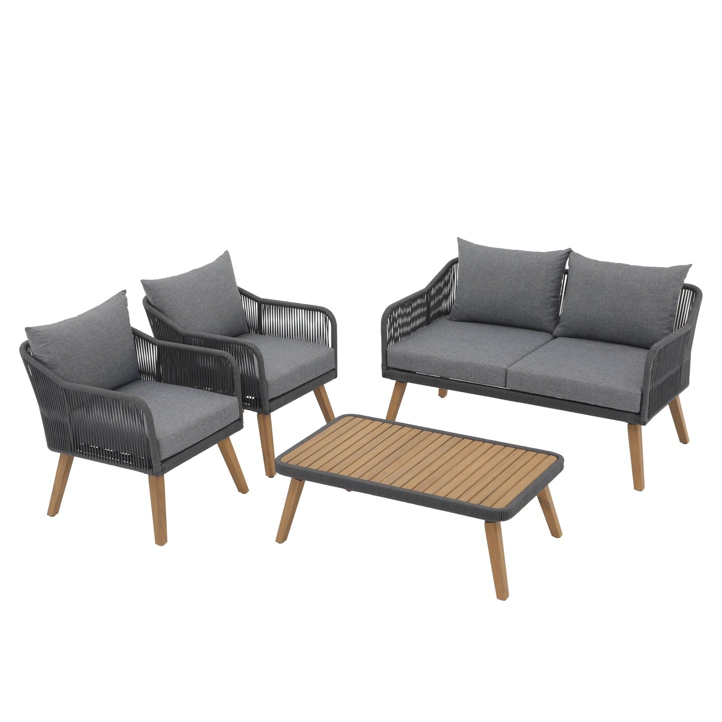 Ensemble de conversation d'extérieur 4 pièces en corde avec coussins