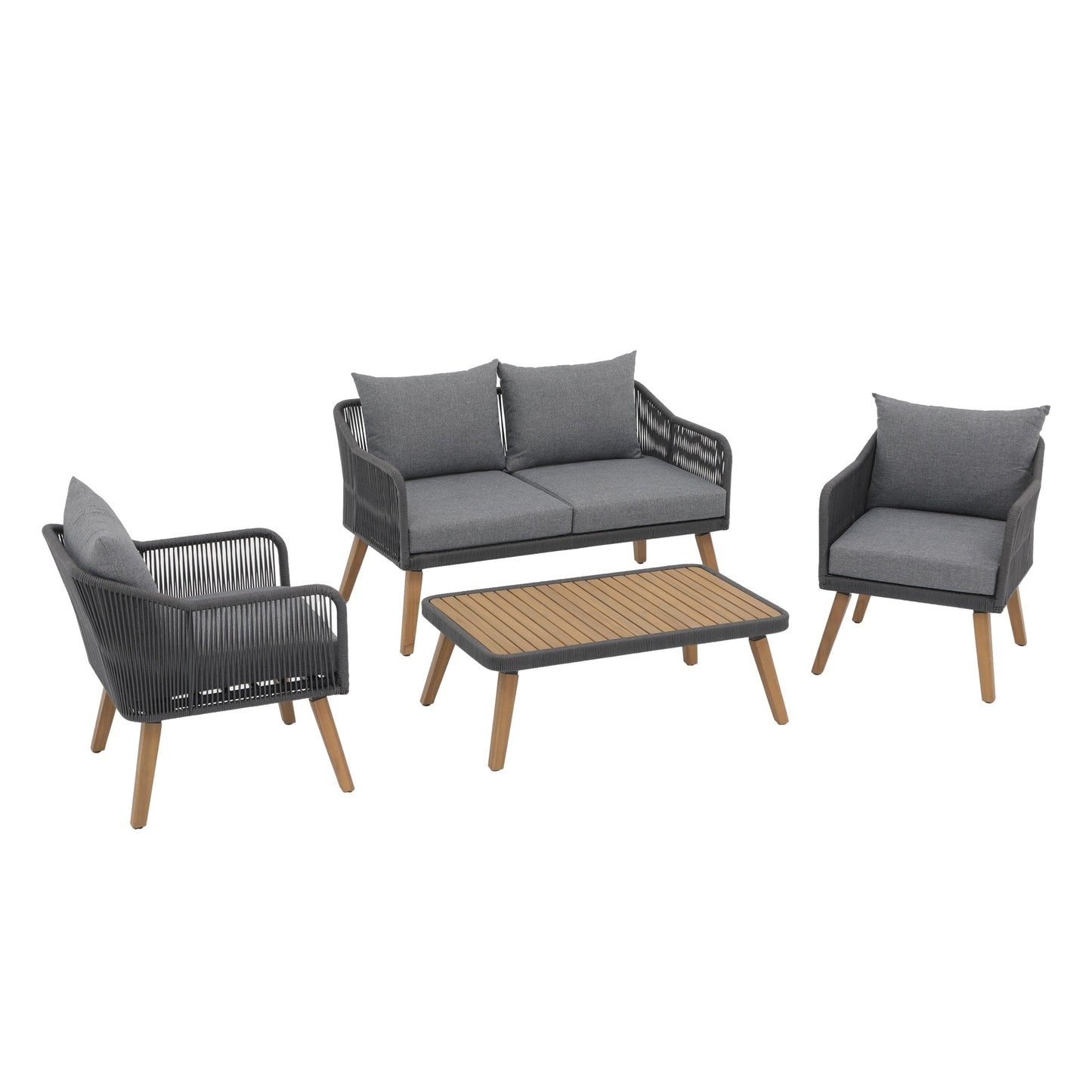 Ensemble de conversation d'extérieur 4 pièces en corde avec coussins
