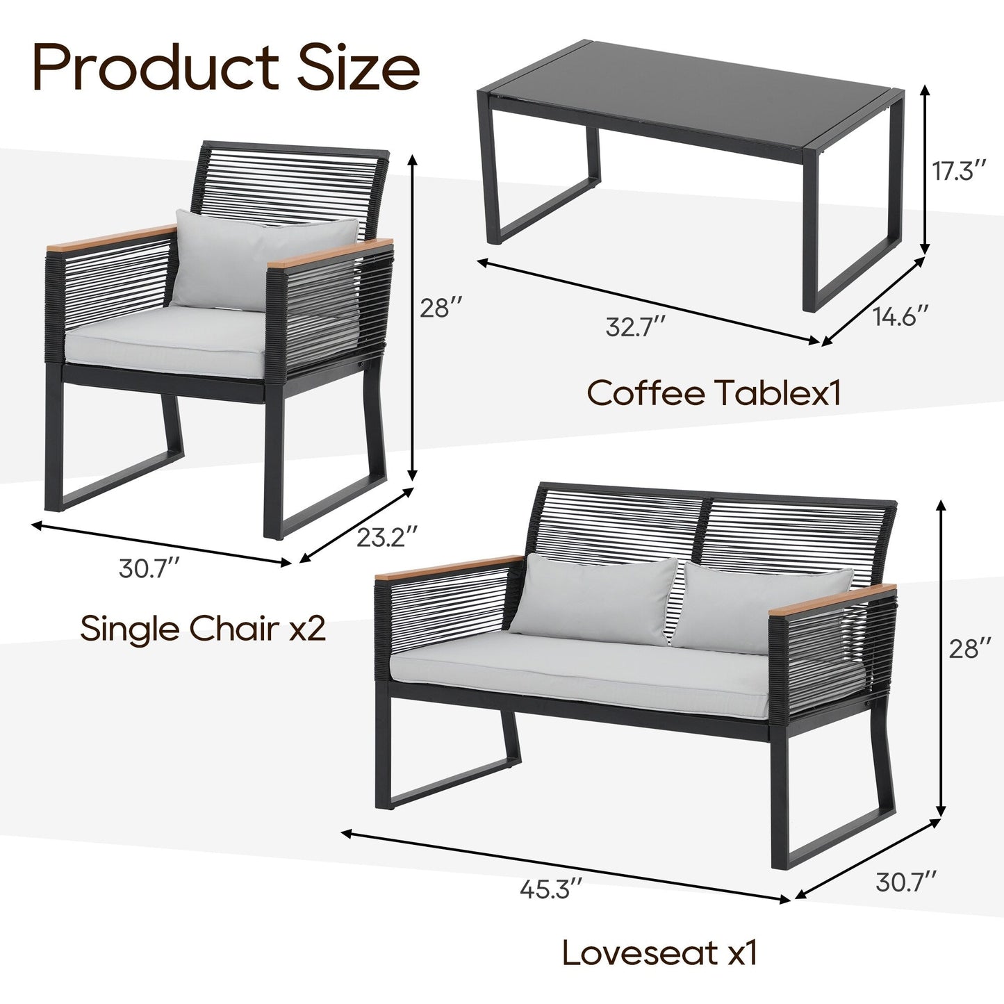 Ensemble de conversation extérieur en osier 4 pièces pour patio
