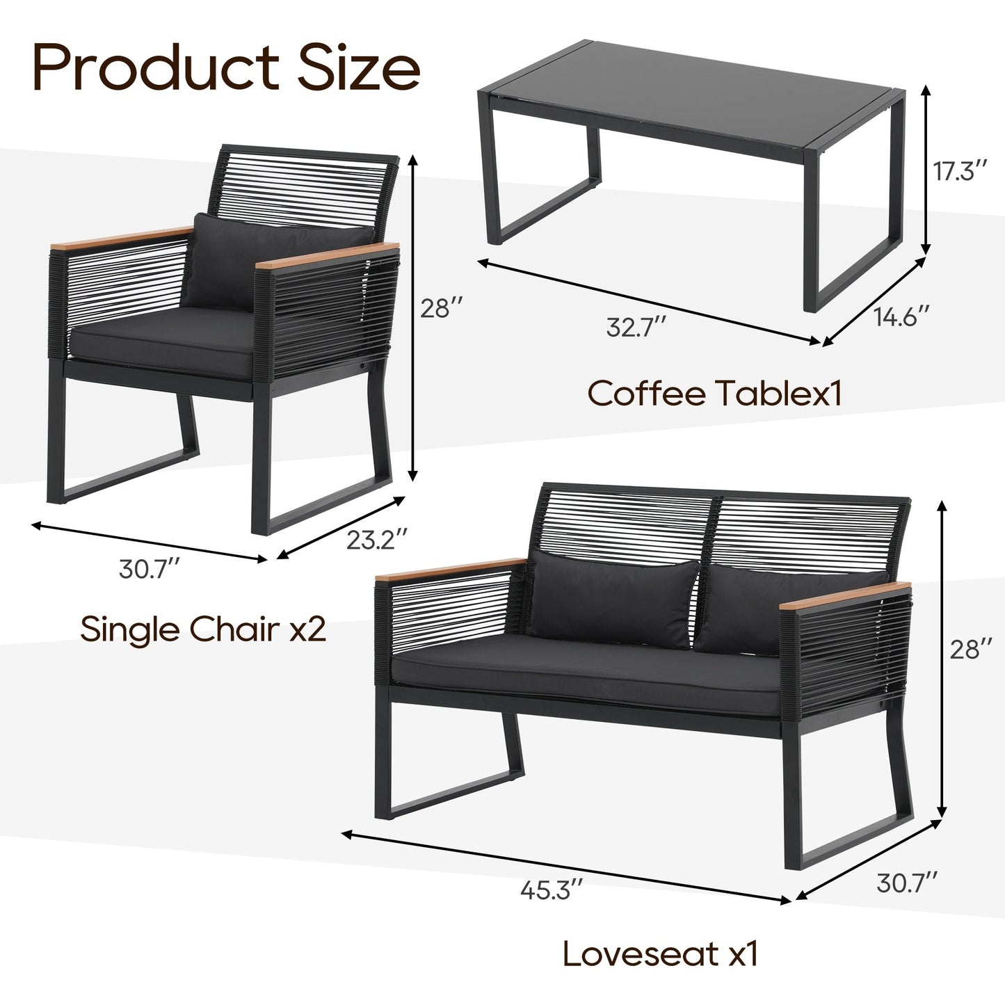 Ensemble de conversation extérieur en osier 4 pièces pour patio