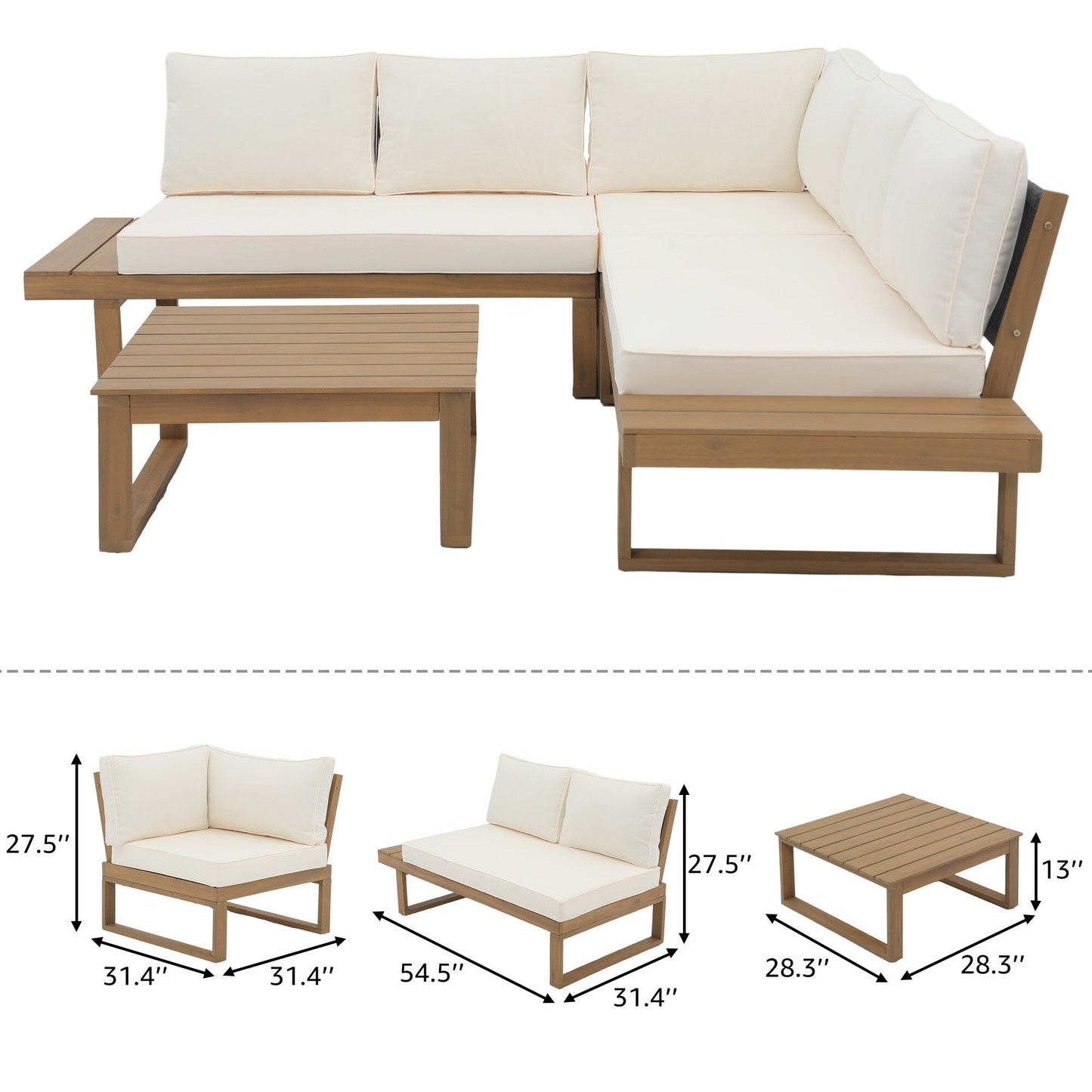 Ensemble de canapés d'extérieur sectionnels en bois d'acacia en forme de V, 4 pièces