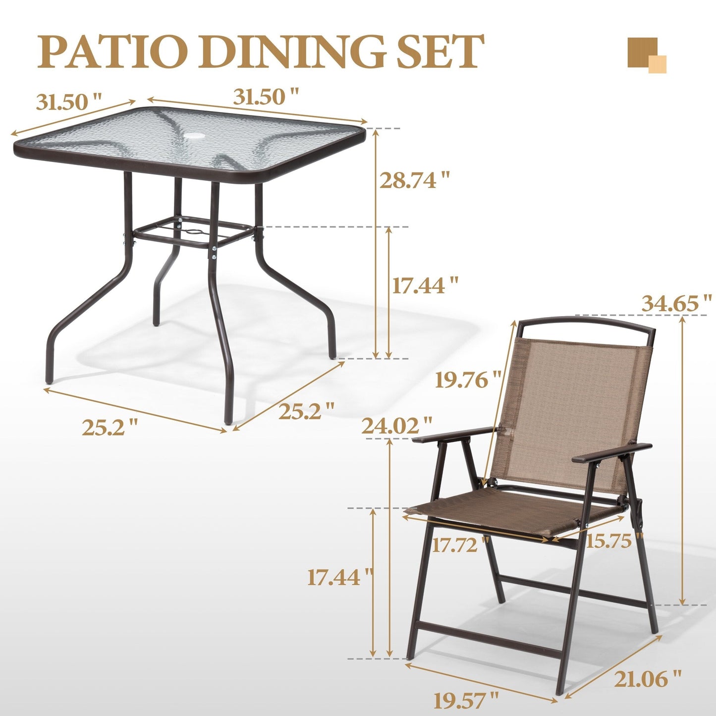 Ensemble de salle à manger d'extérieur 5 pièces avec chaises pliantes et table en verre avec trou pour parasol - Voir les spécifications