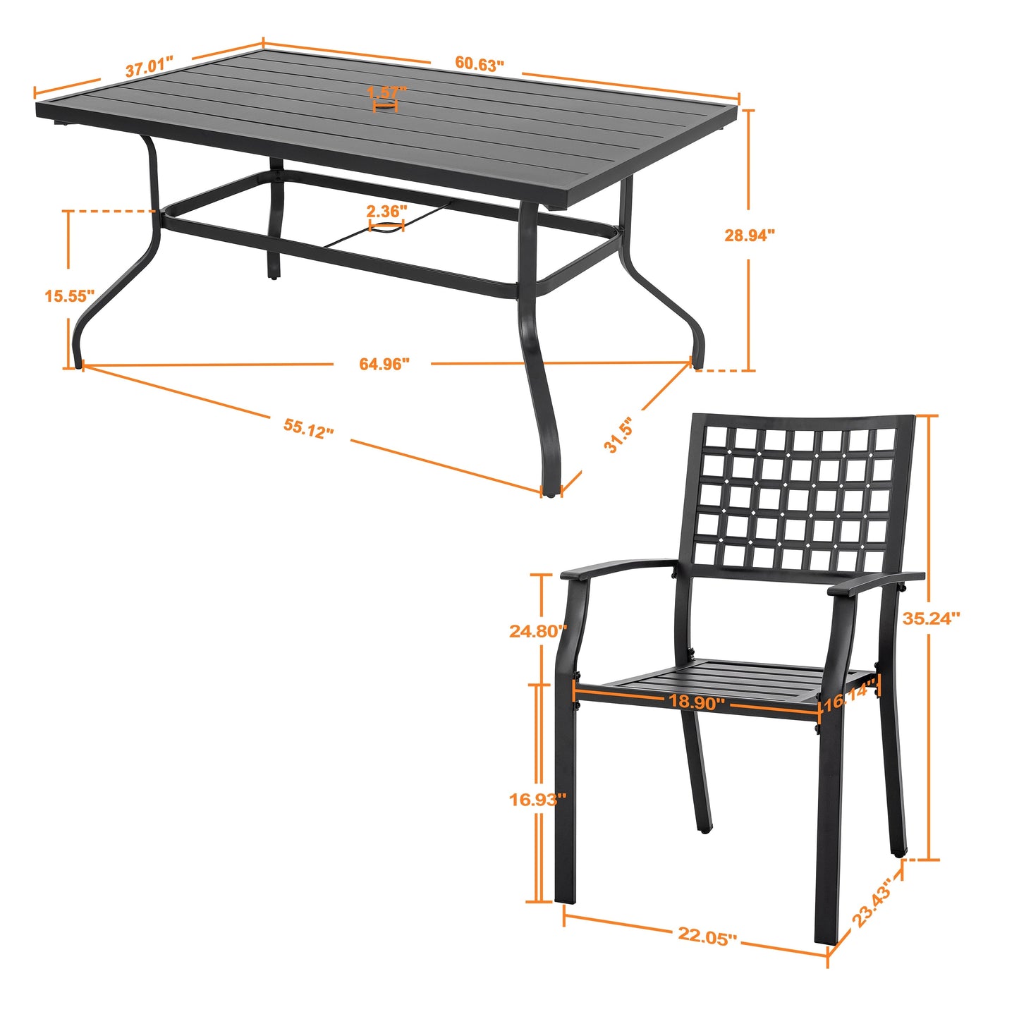 Ensemble de salle à manger d'extérieur 7 pièces avec trou pour parasol de 4 cm, structure en fer, noir