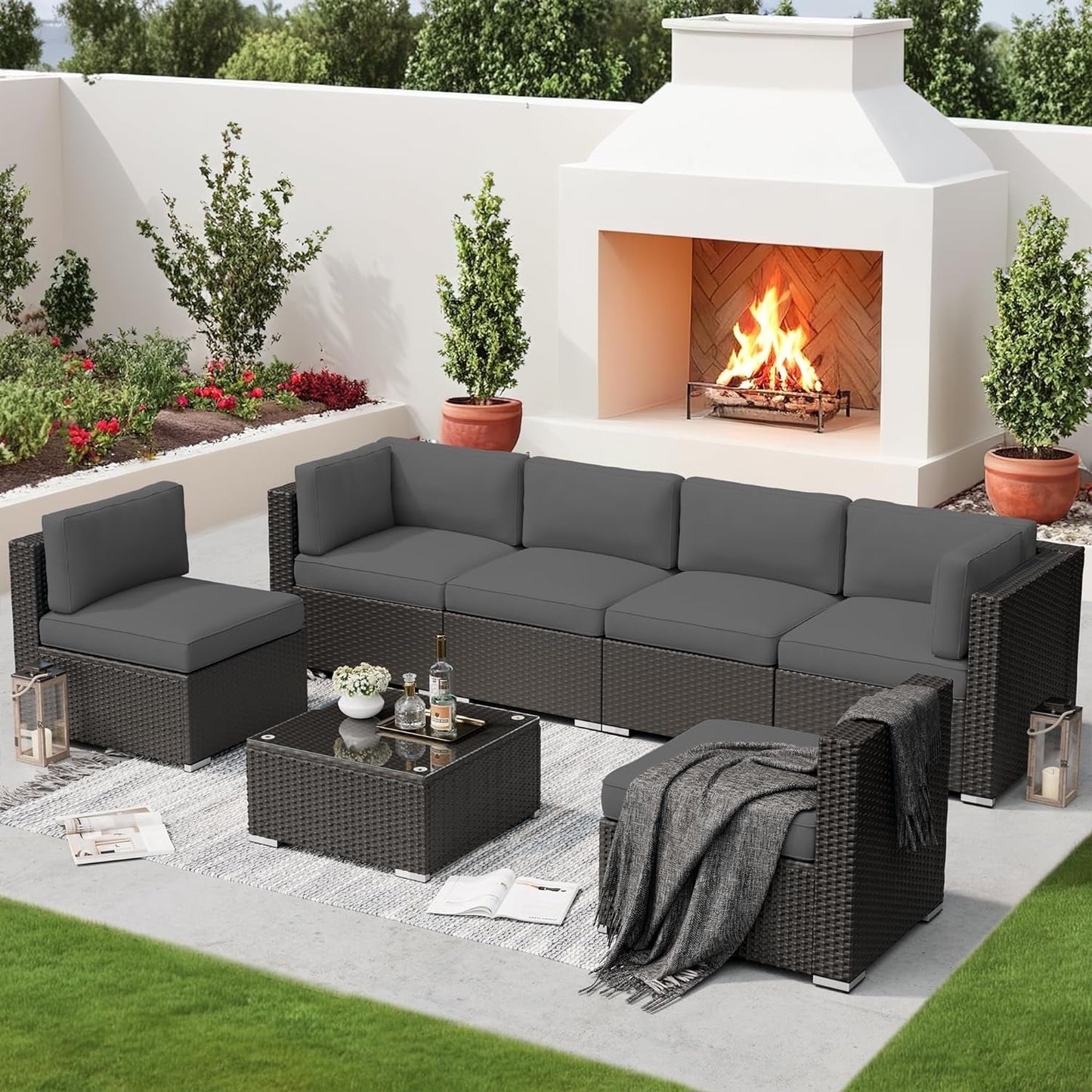 Ensemble de canapés sectionnels rembourrés en rotin et osier noir pour patio extérieur 7 pièces par Havenside Home