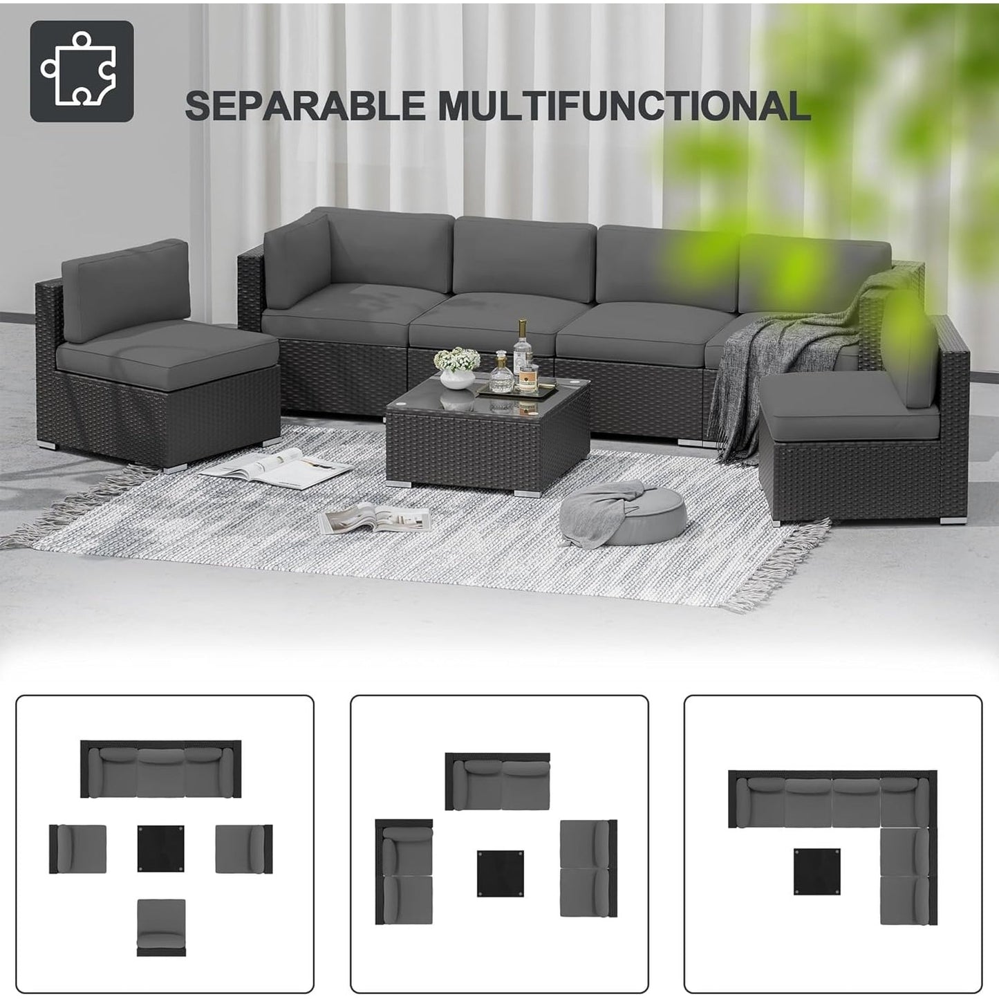 Ensemble de canapés sectionnels rembourrés en rotin et osier noir pour patio extérieur 7 pièces par Havenside Home
