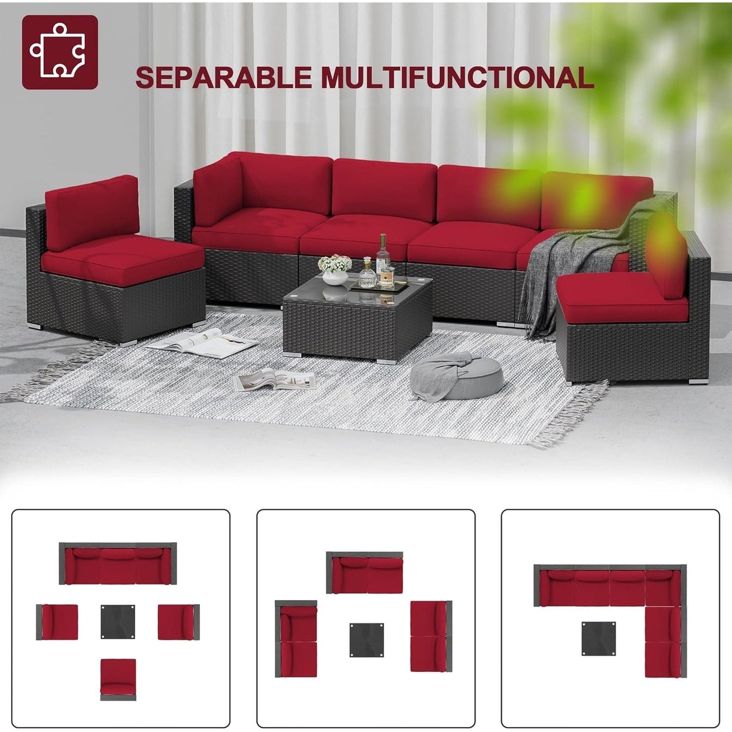 Ensemble de canapés sectionnels rembourrés en rotin et osier noir pour patio extérieur 7 pièces par Havenside Home